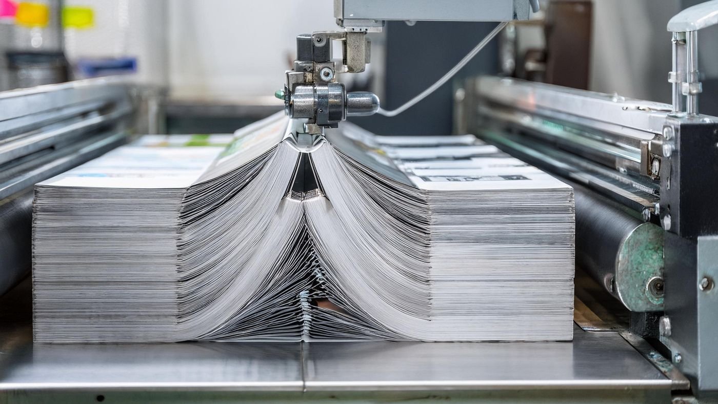 Feuilles imprimées transformées en cahiers sur une ligne de façonnage