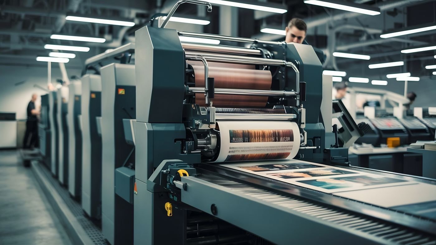 Presse offset feuille en fonctionnement, groupes d'encrage alignés